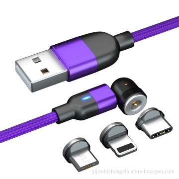 USB 3-in-1 MultIple Magnetic Phone Charger with 540 Degree Right Angle, Nylon Braided with LED Light for Type-c/Micro/iOS